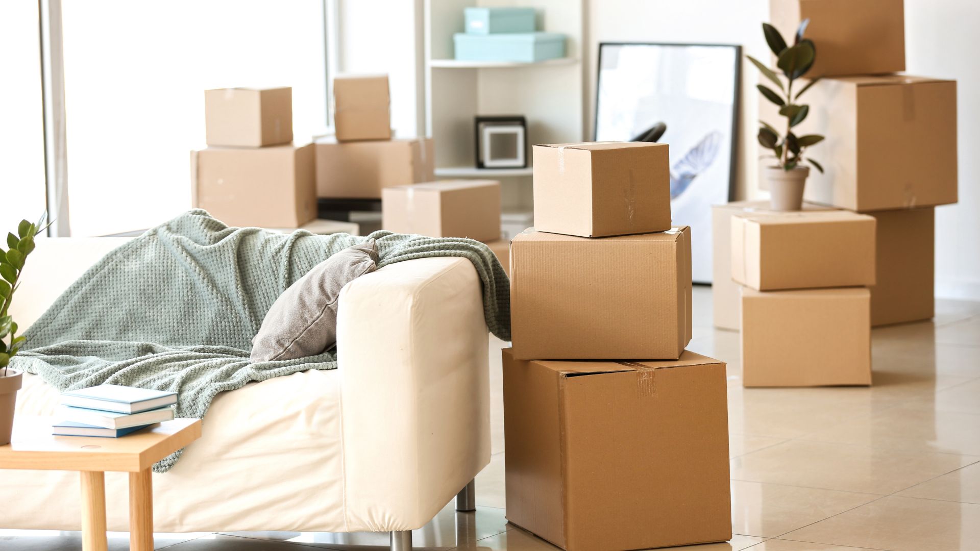 A living room filled with boxes and a couch